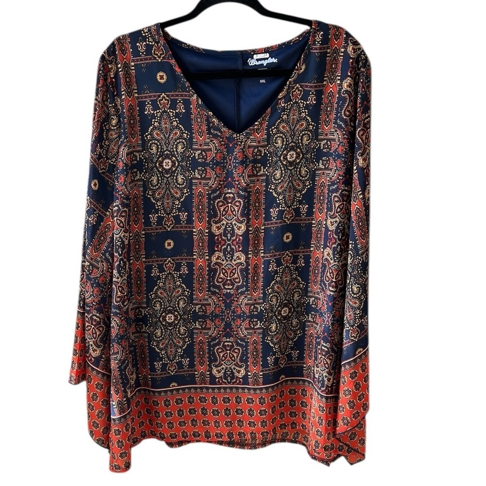 Wrangler Women’s XXL Flowy Chiffon Scarf Print Boho V Neck Tunic Top Bell Sleeve